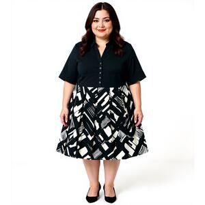 Donna Ricco 1/2 Sleeve Midi Black White A Line Pleated Dress Plus Sz 22 3X